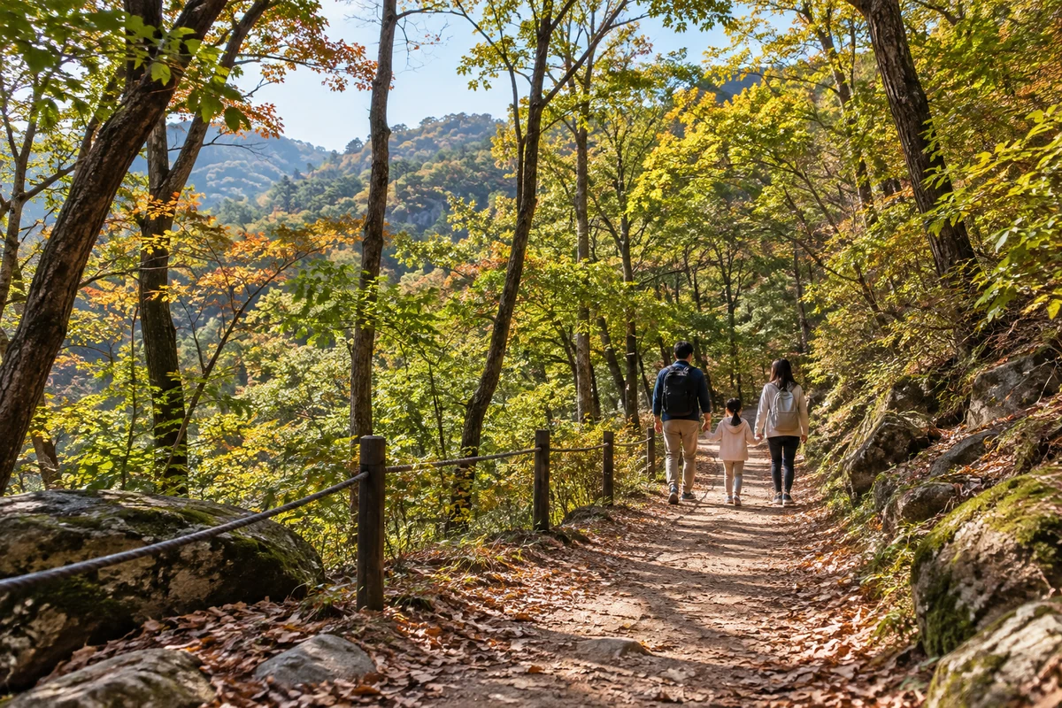 숲길을 걷는 가족